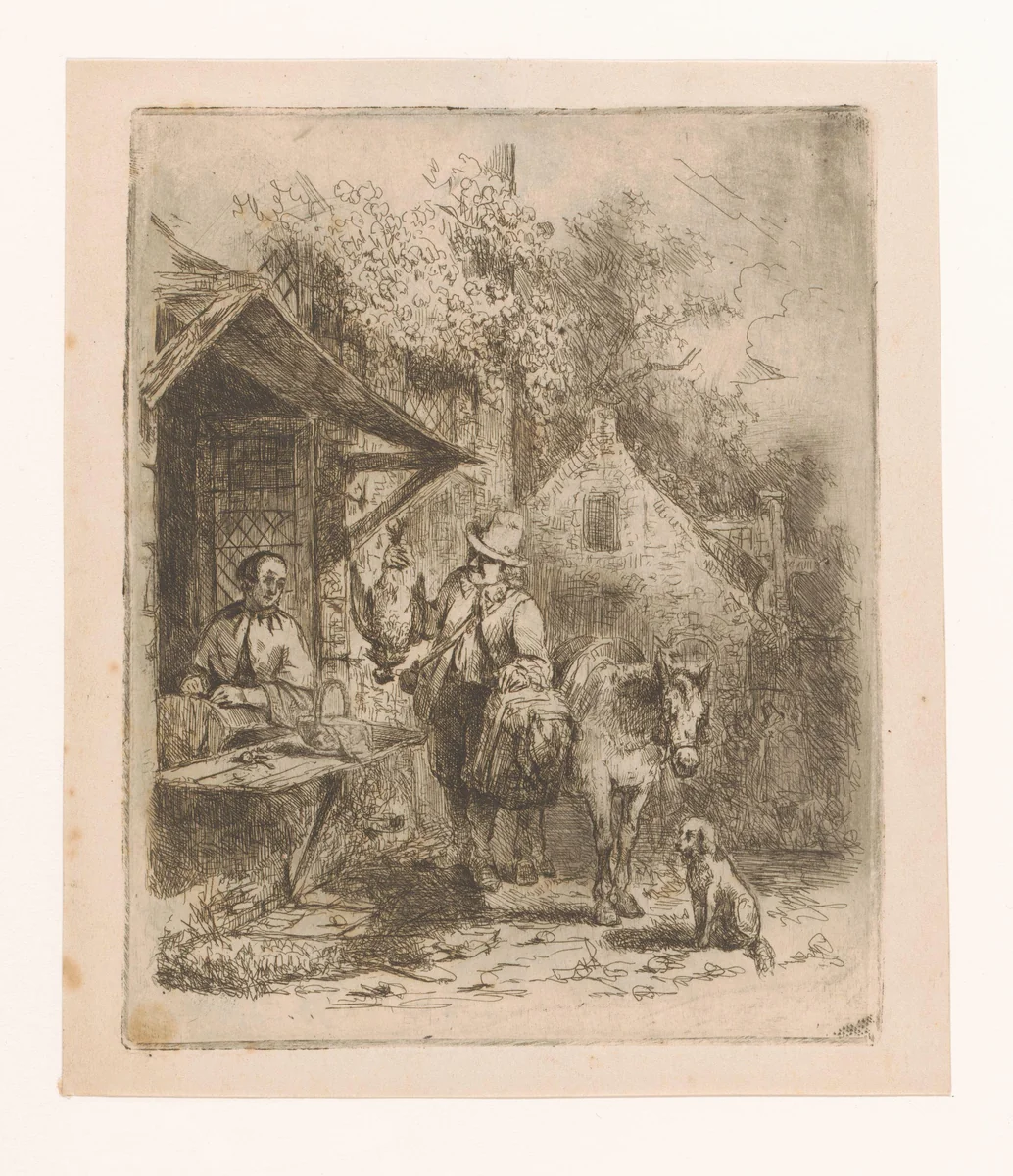 Straatgezicht met verkoper van gevogelte by Adrien Joseph Verhoeven-Ball, print, 1847