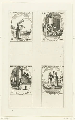 Heilige Maurus, Heilige Johannes Calabytes, Heilige Marcellus I, Heilige Honoratus (15-16 januari) by Jacques Callot, print, 1632-1636