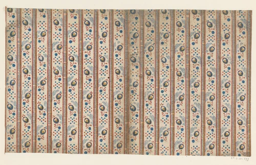 Blad met banenpatroon van vruchtjes met stippen en streepen en sierlijsten by anonymous, other, 1700-1850