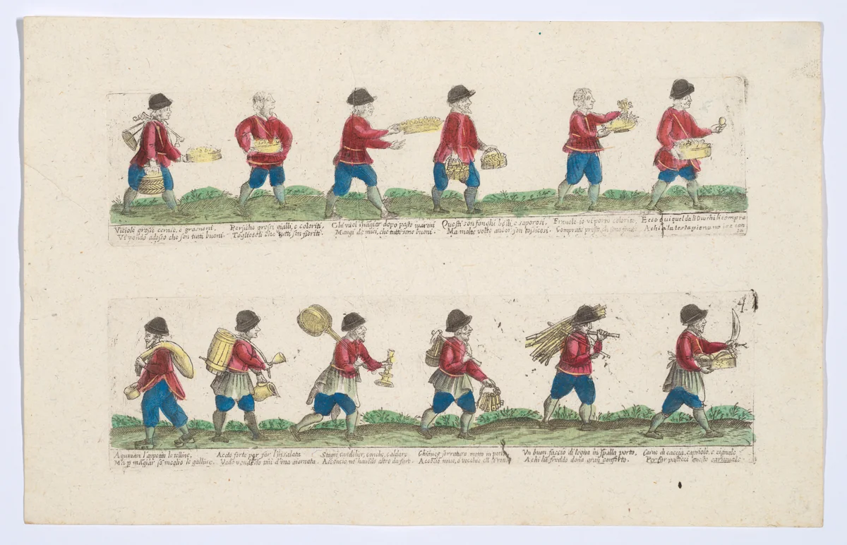 Plate 4 (second group) depicting the trades of Rome, here including vendors of mushrooms, strong oil, keys, candlesticks etc, from the 'Descrición de las artes que se llaman para los calles de la ciudad de Roma' by Remondini, print, 1765-1805