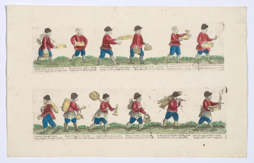 Plate 4 (second group) depicting the trades of Rome, here including vendors of mushrooms, strong oil, keys, candlesticks etc, from the 'Descrición de las artes que se llaman para los calles de la ciudad de Roma' by Remondini, print, 1765-1805