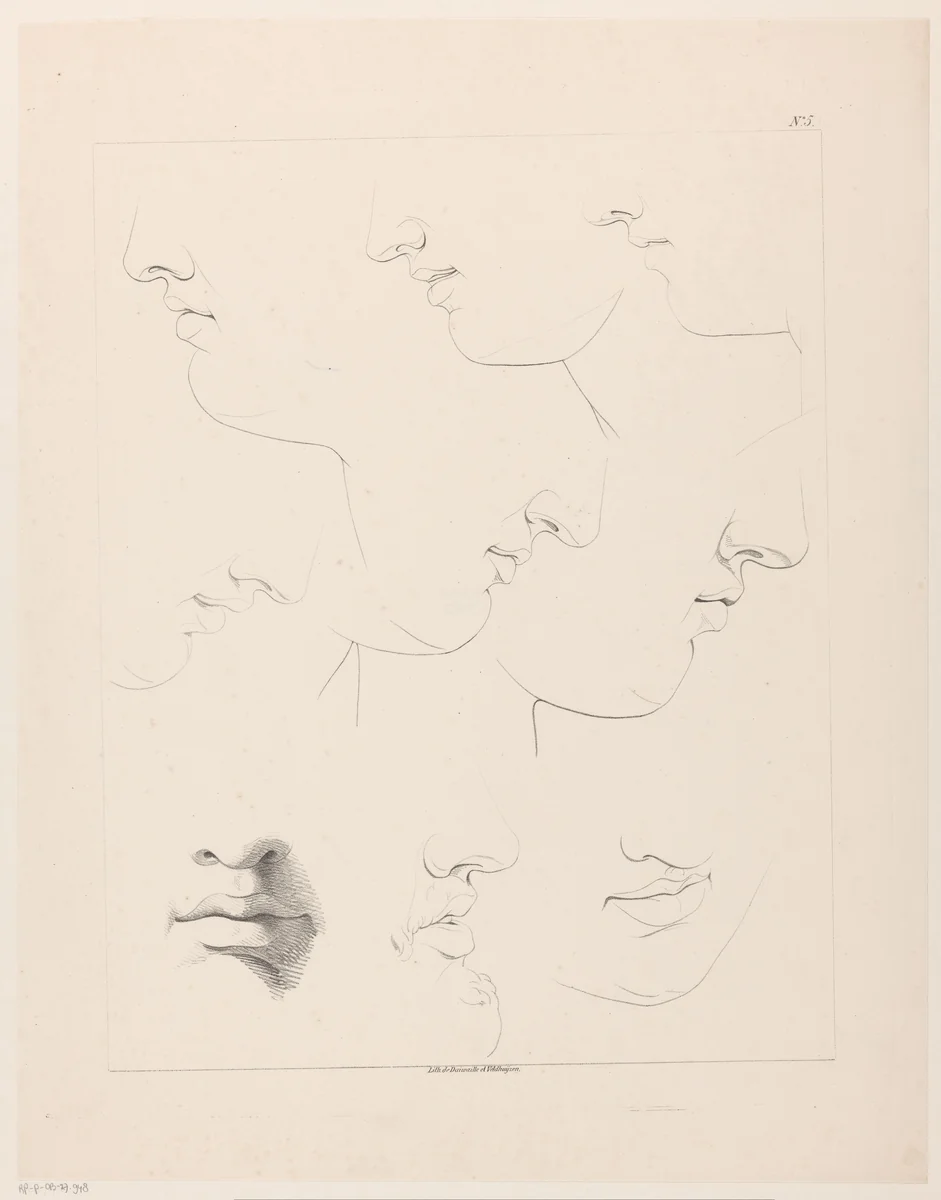 Tekenvoorbeelden van monden, neuzen en kinnen by Jean Augustin Daiwaille, print, 1820-1833