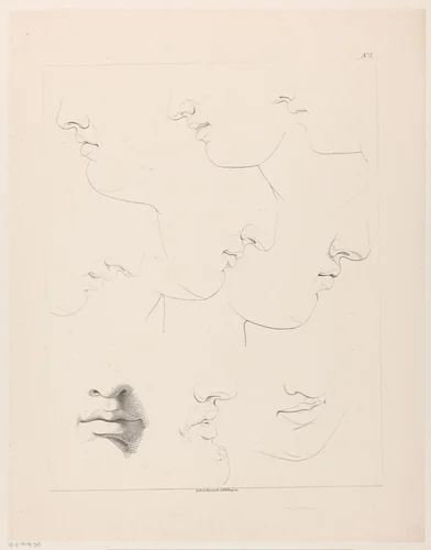 Tekenvoorbeelden van monden, neuzen en kinnen by Jean Augustin Daiwaille, print, 1820-1833