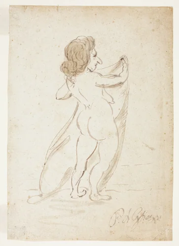 Standing Nude Woman Holding a Veil by Pier Leone Ghezzi, drawing, 1694-1755