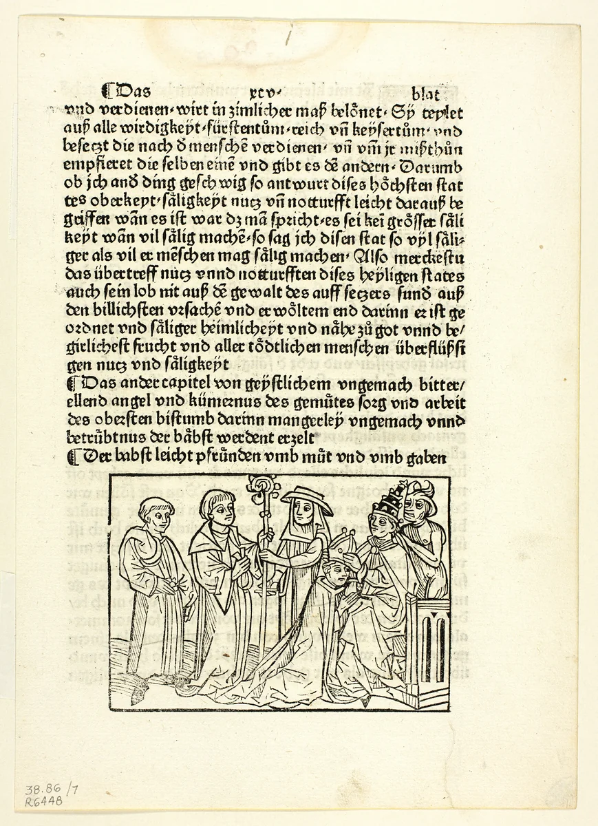 A Pope Installing a Bishop from Speculu humane vite (Mirror of Human Life), Plate 7 from Woodcuts from Books of the 15th Century by Rodericus Zamorensis, print, 1488
