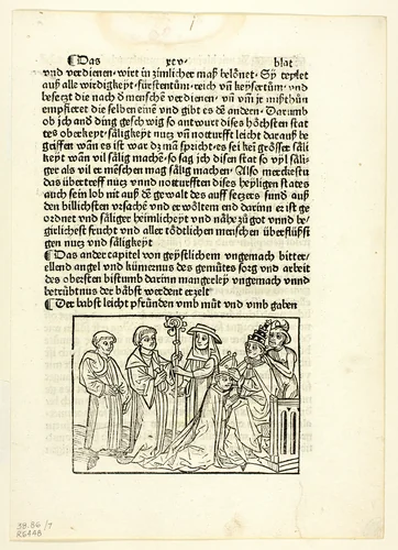 A Pope Installing a Bishop from Speculu humane vite (Mirror of Human Life), Plate 7 from Woodcuts from Books of the 15th Century by Rodericus Zamorensis, print, 1488