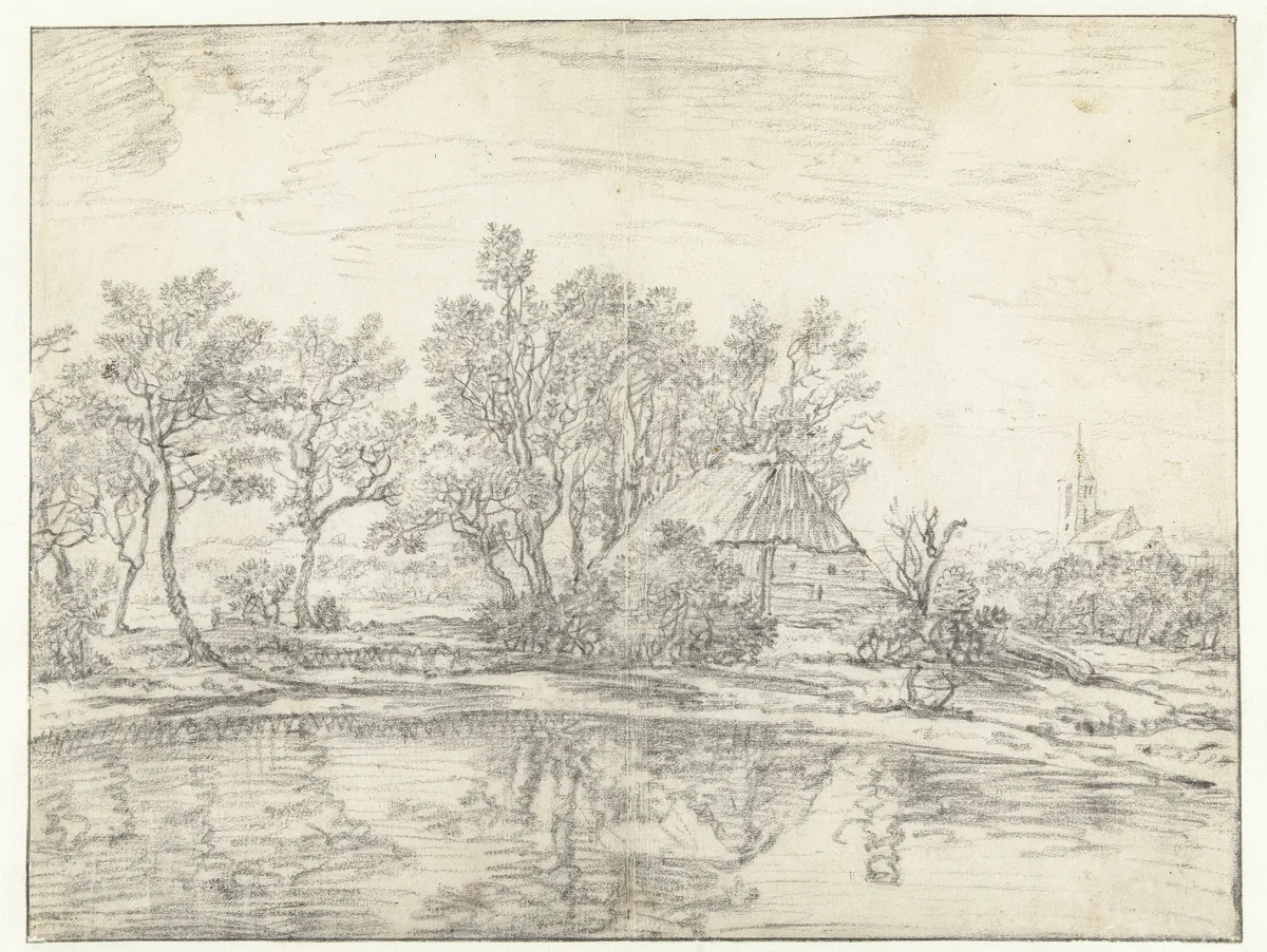 Landschap met boerderij bij water by Willem von Bemmel, drawing, 1640-1708