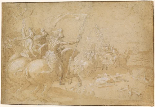 Ancient Roman Warriors Riding into Battle by Antoine Caron, drawing, 1592-1602