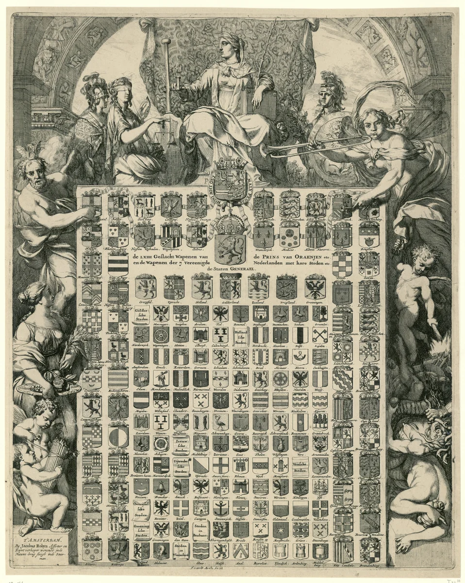 Geslachtswapens van prins Willem III in een allegorische omlijsting by Gerard de Lairesse, print, 1672