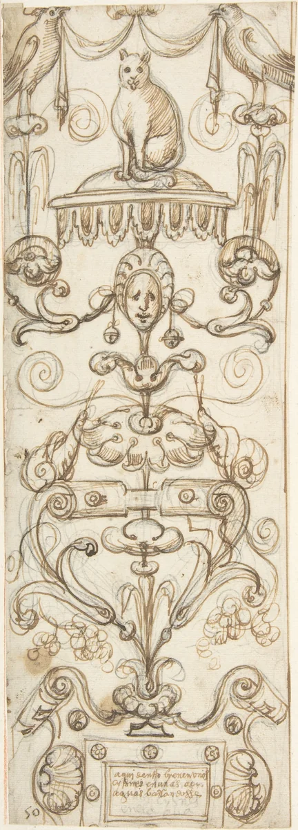 Candelabra Grotesque with a Cat by Andrés de Melgar, drawing, 1540-1560