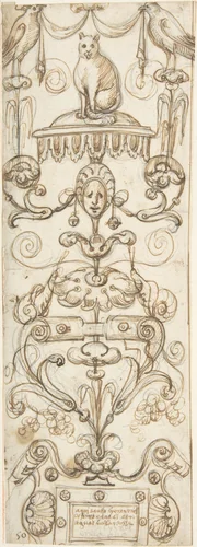 Candelabra Grotesque with a Cat by Andrés de Melgar, drawing, 1540-1560