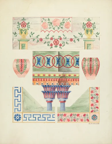 Details of Painted Decorations on Reredos and Walls by Randolph F. Miller, index of american design, 1937