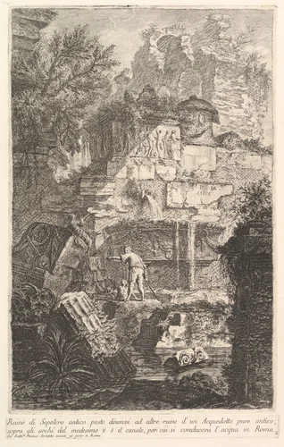 Ruins of an ancient tomb in front of ruins of an ancient aqueduct (Ruine di Sepolcro antico posto dinanzi ad altre ruine d'un Aquedotto), from "Prima Parte di Architettura, e Prospettive" by Giovanni Battista Piranesi, print, 1745-1755