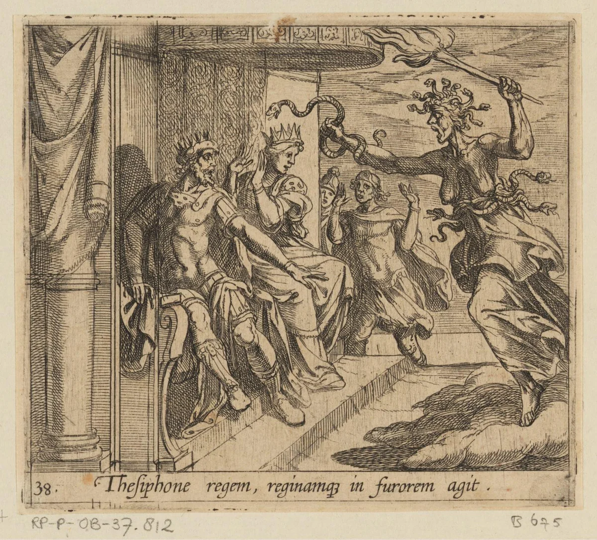 De furie Tisiphone in het paleis van Athamas by Antonio Tempesta, print, 1606