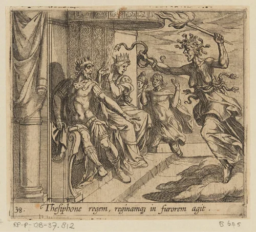 De furie Tisiphone in het paleis van Athamas by Antonio Tempesta, print, 1606