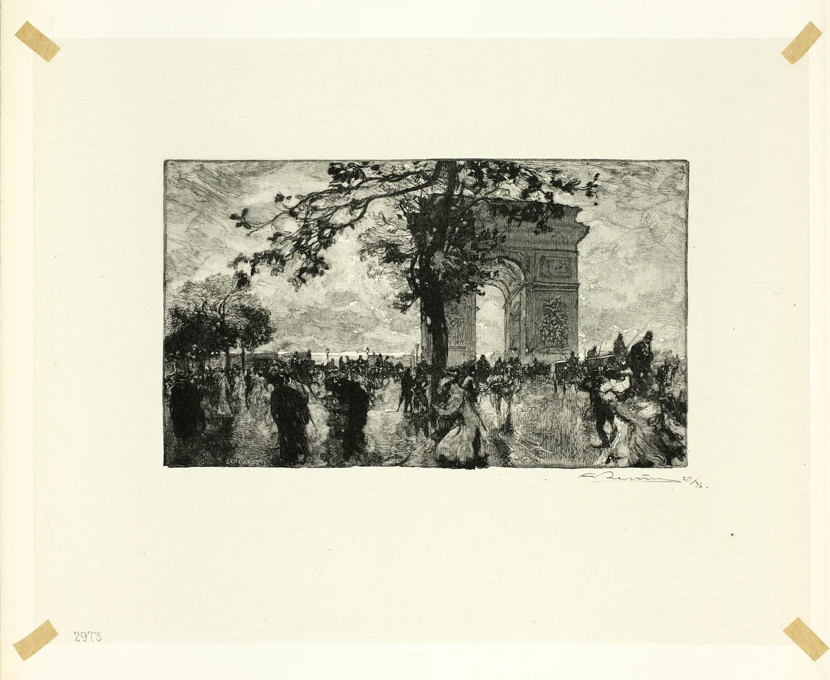 Retour du Bois, place de l'Etoile, plate nineteen from Le Long de la Seine et des Boulevards by Louis Auguste Lepère, print, 1890