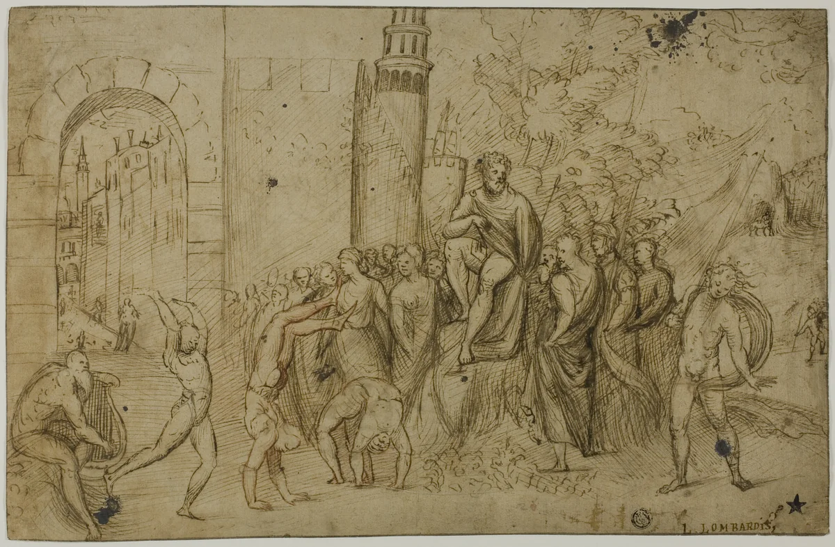Acrobats Performing Before a Ruler (recto); Outdoor Scene with Group of Figures (verso) by Giovanni Antonio de'Sacchis, drawing, 1508-1512