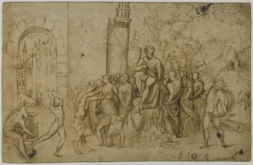 Acrobats Performing Before a Ruler (recto); Outdoor Scene with Group of Figures (verso) by Giovanni Antonio de'Sacchis, drawing, 1508-1512