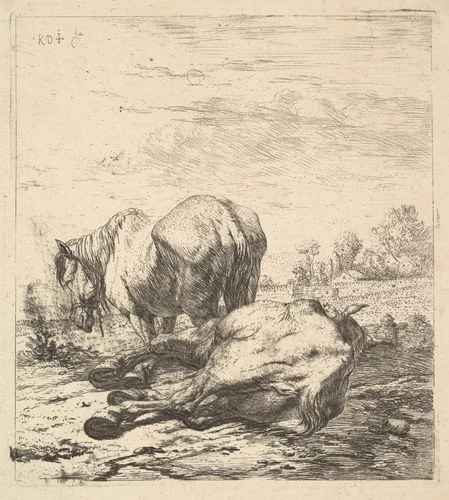 The Two Horses by Karel Dujardin, print, 1622-1678