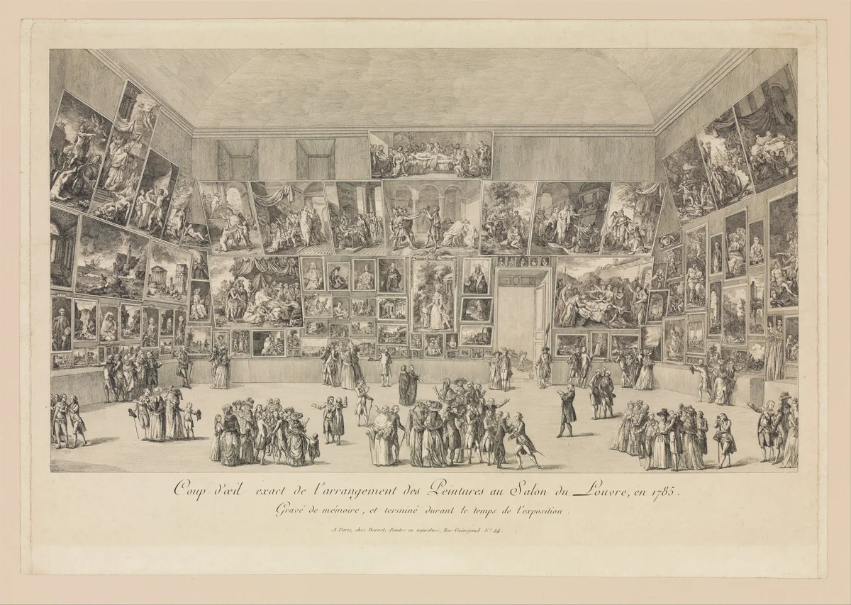 View of the Salon of 1785 by Pietro Antonio Martini, print, 1785