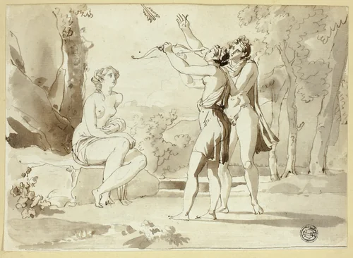 Woman Shooting an Arrow, with Two Companions by Juan Cristobal, drawing, 1584-1594