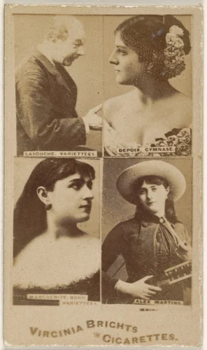 Lasouche, Variettees/ Depoix, Gymnase/ Marguerite Hood, Variettees/ Alex Martins, from the Actors and Actresses series (N45, Type 4) for Virginia Brights Cigarettes by Allen & Ginter, photograph, 1885-1891