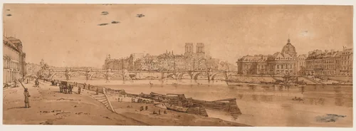 A Selection of Twenty of the Most Picturesque Views in Paris: View of Pont Neuf, part of the Louvre, Notre Dame, and the College of Four Nations by Thomas Girtin, print, 1802
