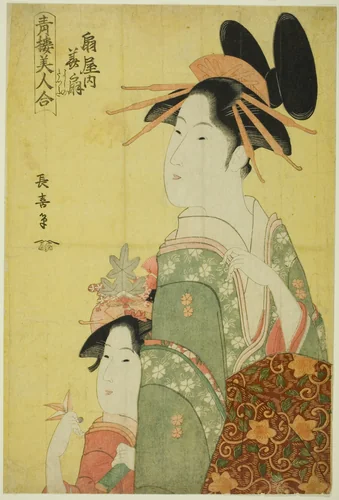 Hanaogi of the Ogiya, from the series "Beauties of the Pleasure Quarters (Seiro bijin awase)" by Eishosai Choki, print, 1788-1802