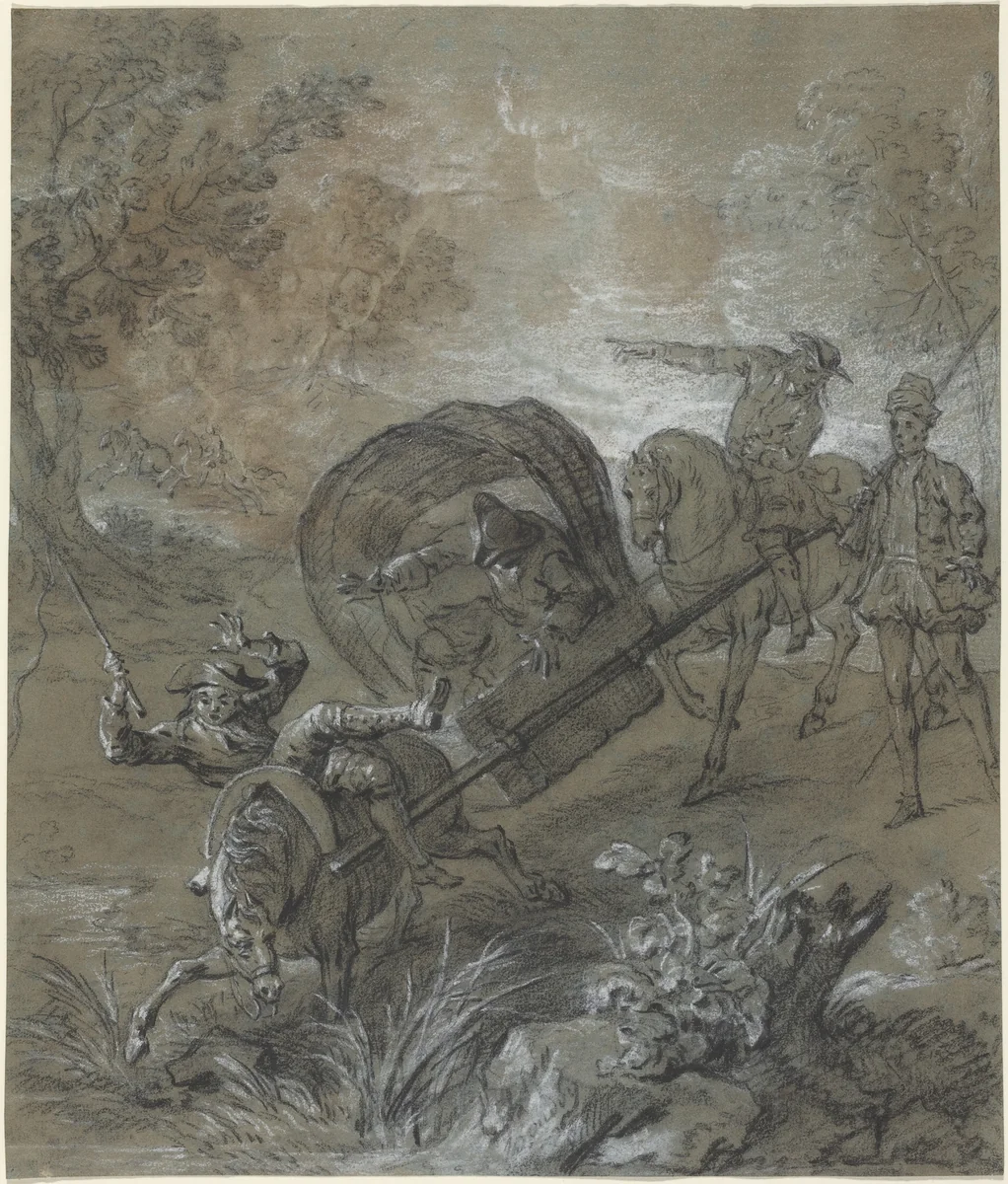 La Rancune en brancard, abattu dans le bourbier by Jean-Baptiste Oudry, drawing, 1726