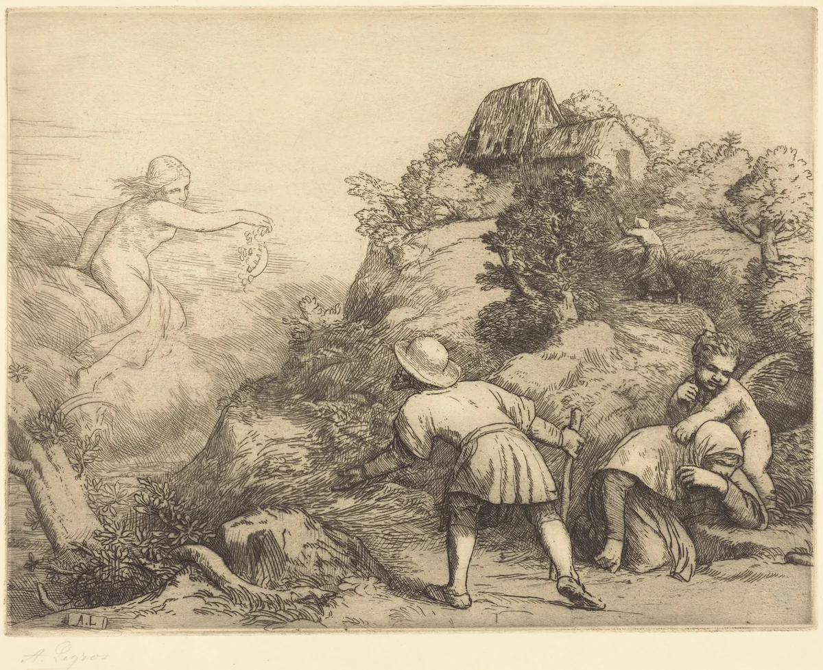 Allegory of the Peasant and Fortune (Le paysan et la fortune: Sujet allegorique by Alphonse Legros, print, 1837-1911