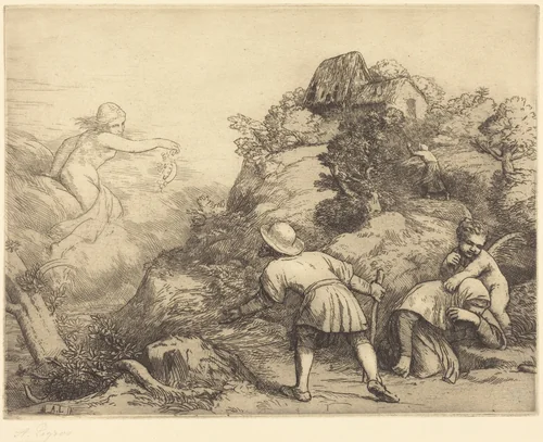 Allegory of the Peasant and Fortune (Le paysan et la fortune: Sujet allegorique by Alphonse Legros, print, 1837-1911