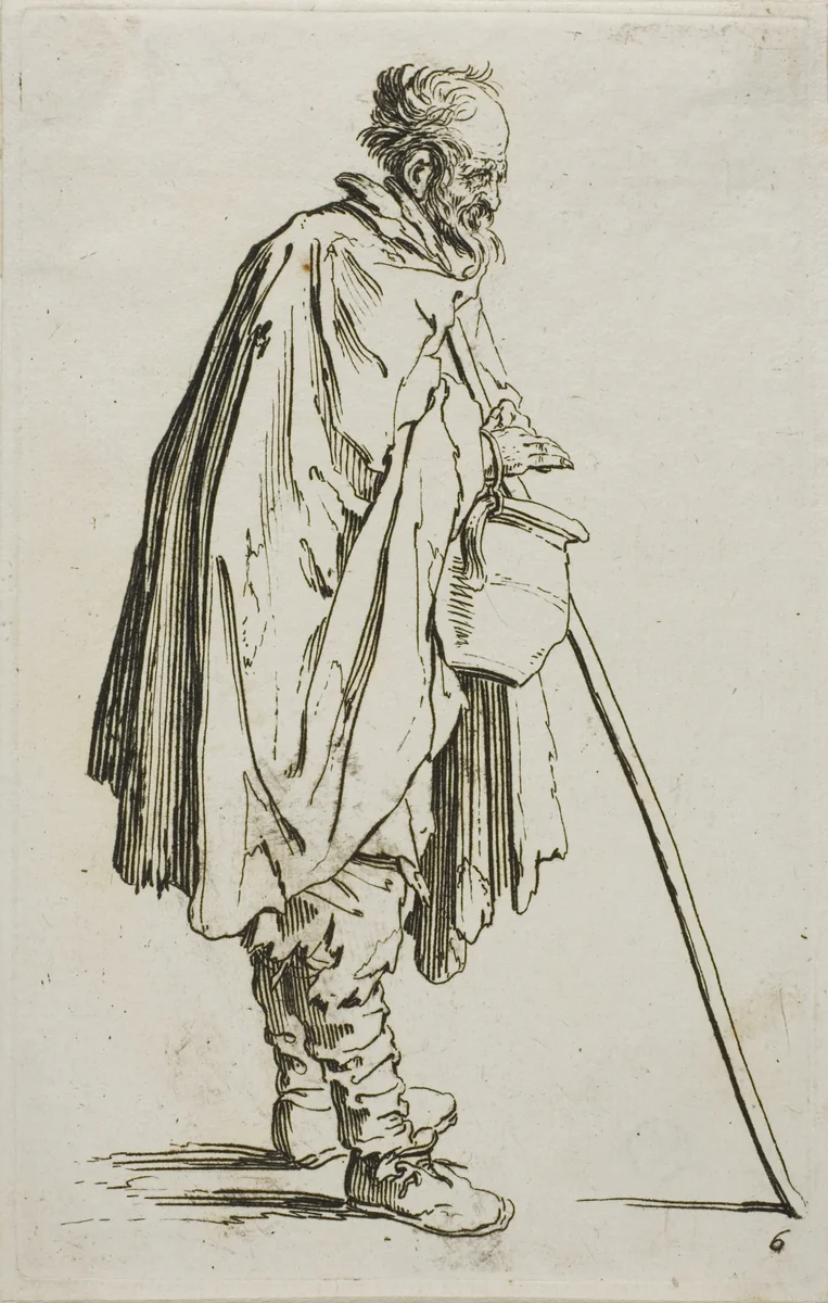 The Beggar with a Footwarmer, plate six from The Beggars by Jacques Callot, print, 1617-1627