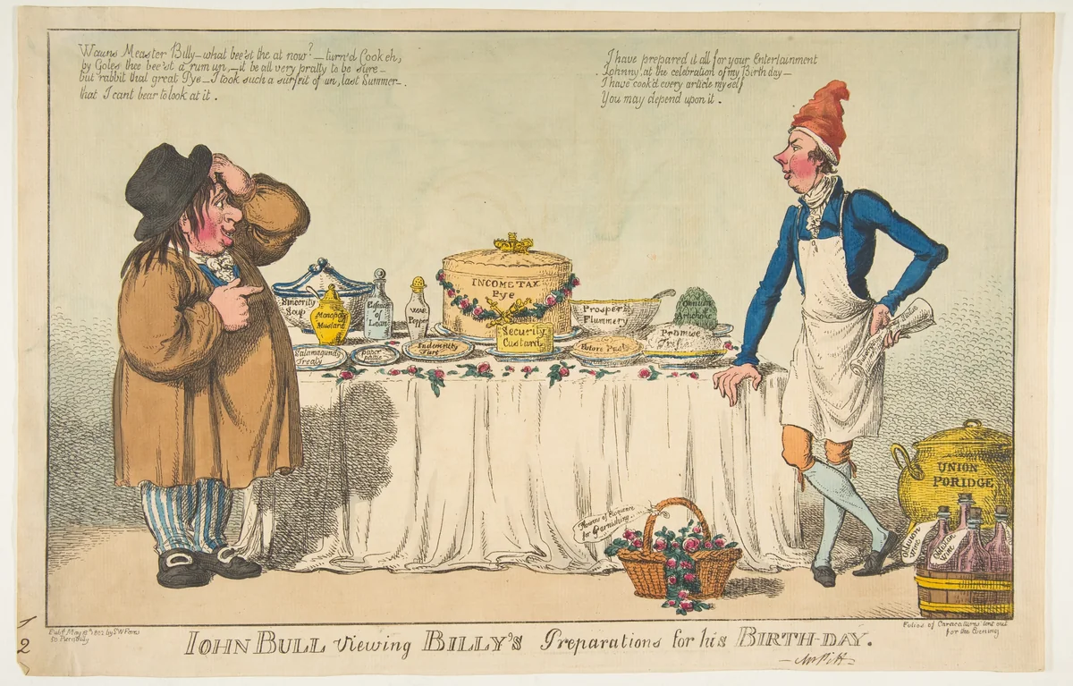 John Bull Viewing Billy's Preparations for his Birth-day by Charles Williams, print, 1802