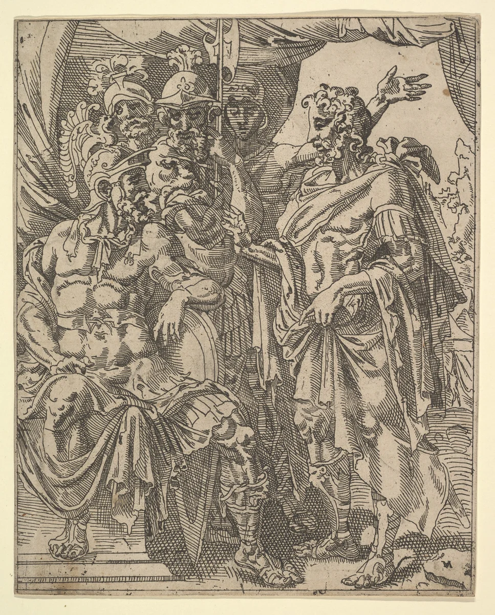 Achior Pleading with Holofernes for the Israelites, from "The Story of Judith and Holofernes" by Maarten van Heemskerck, print, 1530-1580