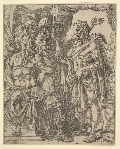 Achior Pleading with Holofernes for the Israelites, from "The Story of Judith and Holofernes" by Maarten van Heemskerck, print, 1530-1580