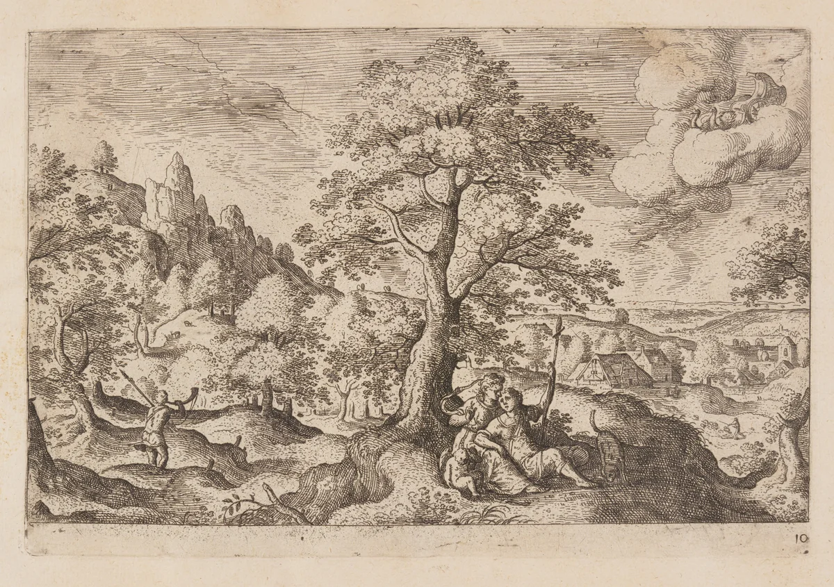 Plate 10, from Landscapes with Scenes from the Old and New Testament and Ovid’s Metamorphoses by Hans Bol, print, 1574