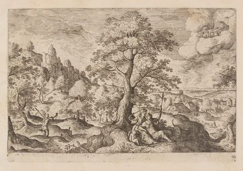 Plate 10, from Landscapes with Scenes from the Old and New Testament and Ovid’s Metamorphoses by Hans Bol, print, 1574