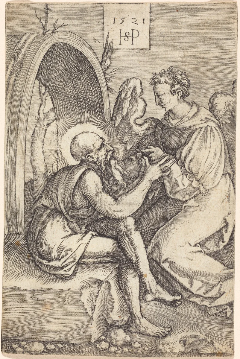 Saint Jerome with the Angel by Sebald Beham, print, 1521
