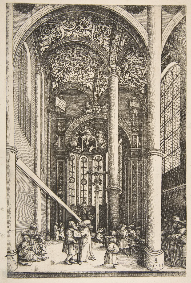Interior of the Church of Saint Katherine’s with the Parable of the Mote and the Beam by Daniel Hopfer, print, 1525-1535