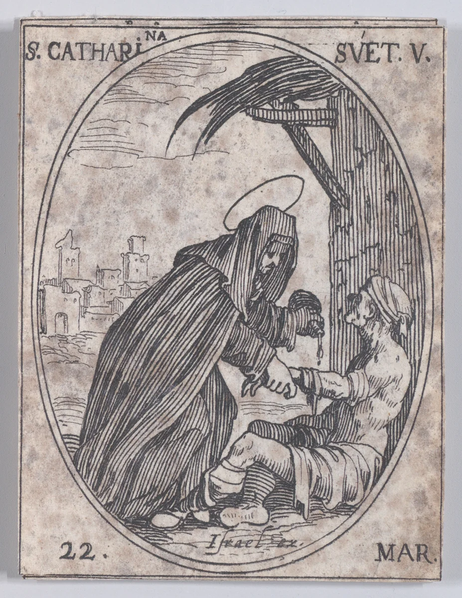 S. Catharina de Suède (St. Catherine of Sweden), March 22nd, from "Les Images De Tous Les Saincts et Saintes de L'Année" (Images of All of the Saints and Religious Events of the Year) by Jacques Callot, print, 1636