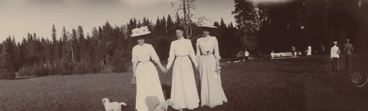 Grand Duchess Olga Alexandrovna Between Two Women in Hats, Gatchino by Unidentified Photographer, photograph, 1908