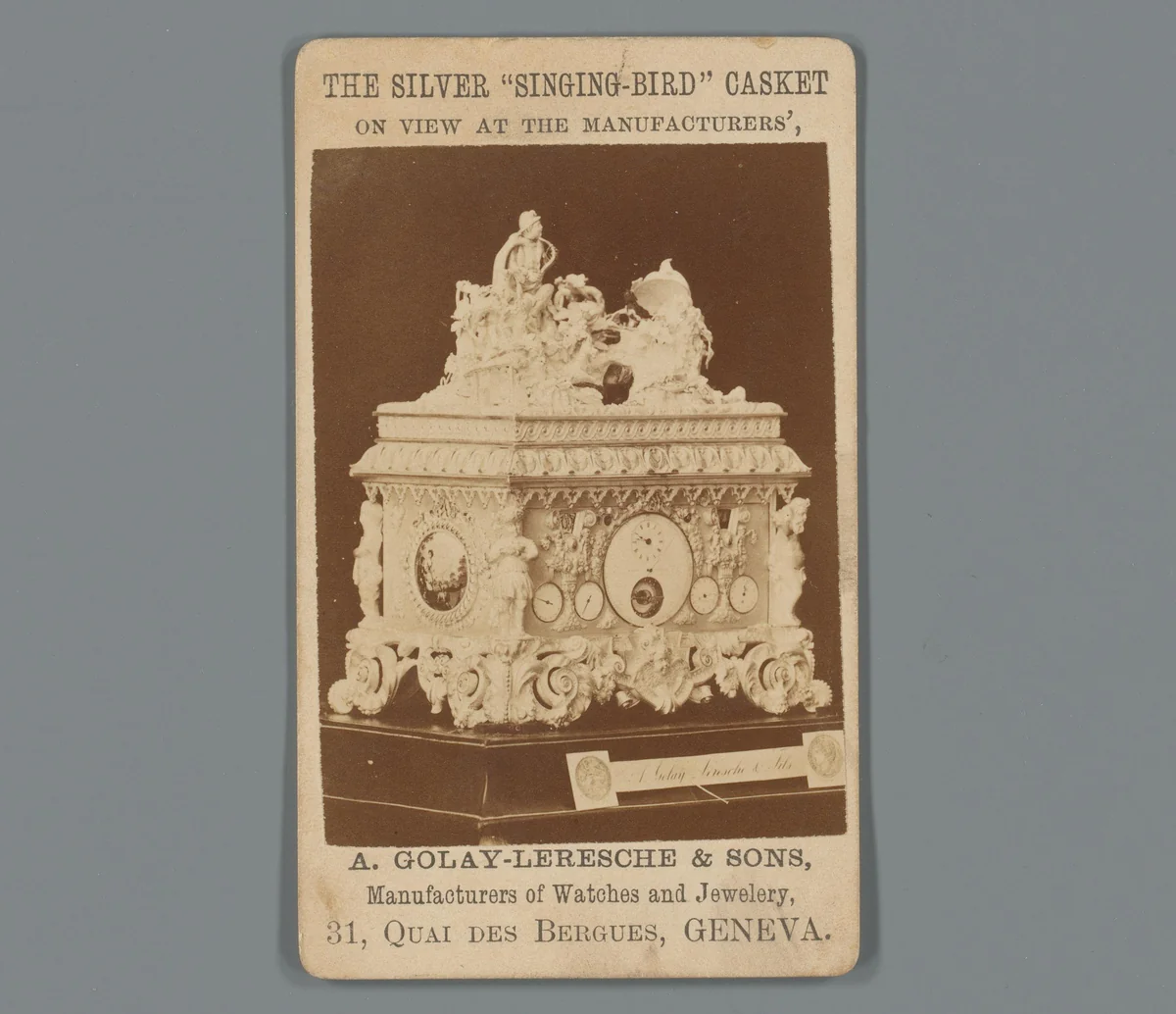 Reclame voor een sieradenkist van A. Golay-Leresche & Sons in Genève, Zwitserland by anonymous, photograph, 1850-1915