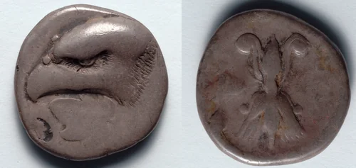 Stater: Head of Eagle (obverse); Thunderbolt (reverse) by Unknown, metalwork, -405--395
