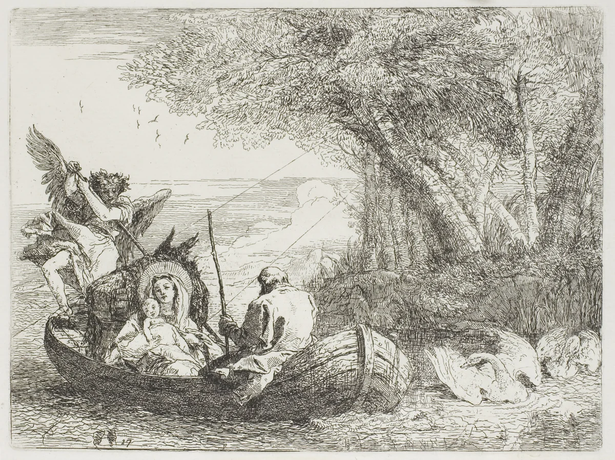 The Holy Family Crossing the Lake in the Boat, plate seventeen from The Flight into Egypt by Giovanni Domenico Tiepolo, print, 1753