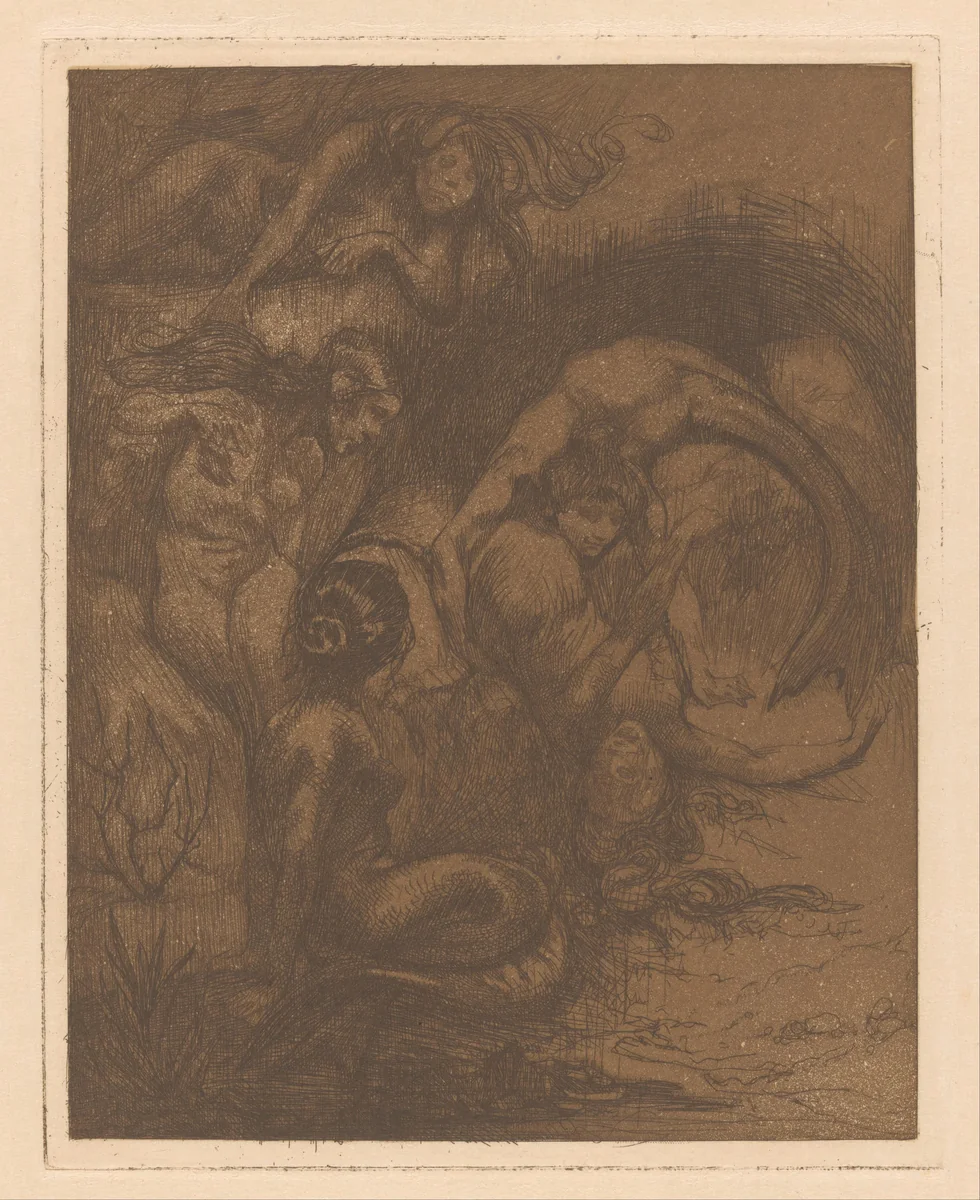 Vijf zeemeerminnen by Johannes Josephus Aarts, print, 1881-1934