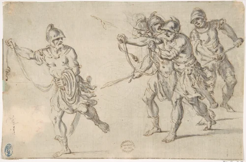 Soldiers Running by anonymous, drawing, 1500-1600