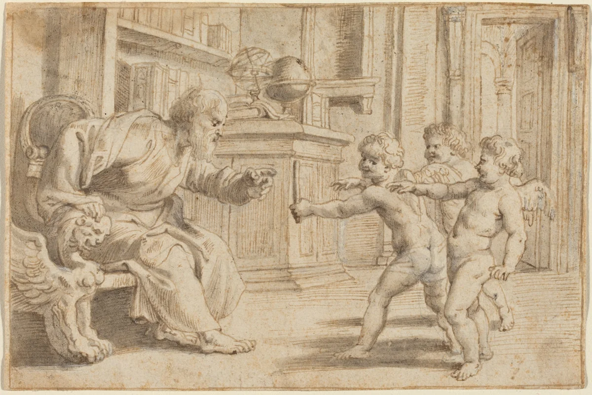 Putti Testing a Man's Perception of Depth by Peter Paul Rubens, drawing, 1613
