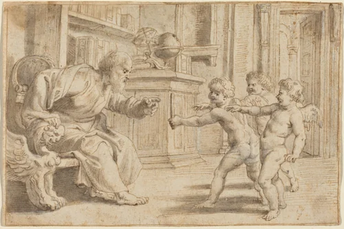 Putti Testing a Man's Perception of Depth by Peter Paul Rubens, drawing, 1613