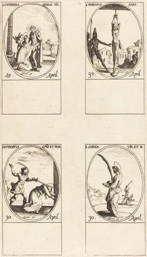 St. Catharine of Siena; St. Marian; St. Eutropius; St. Sophia by Jacques Callot, print, 1627-1637