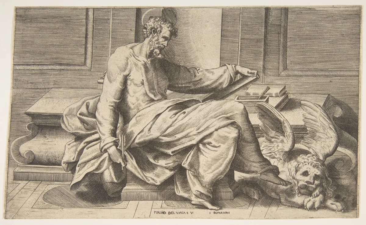 Saint Mark writing his gospel, winged lion at the right by Giulio Bonasone, print, 1531-1576
